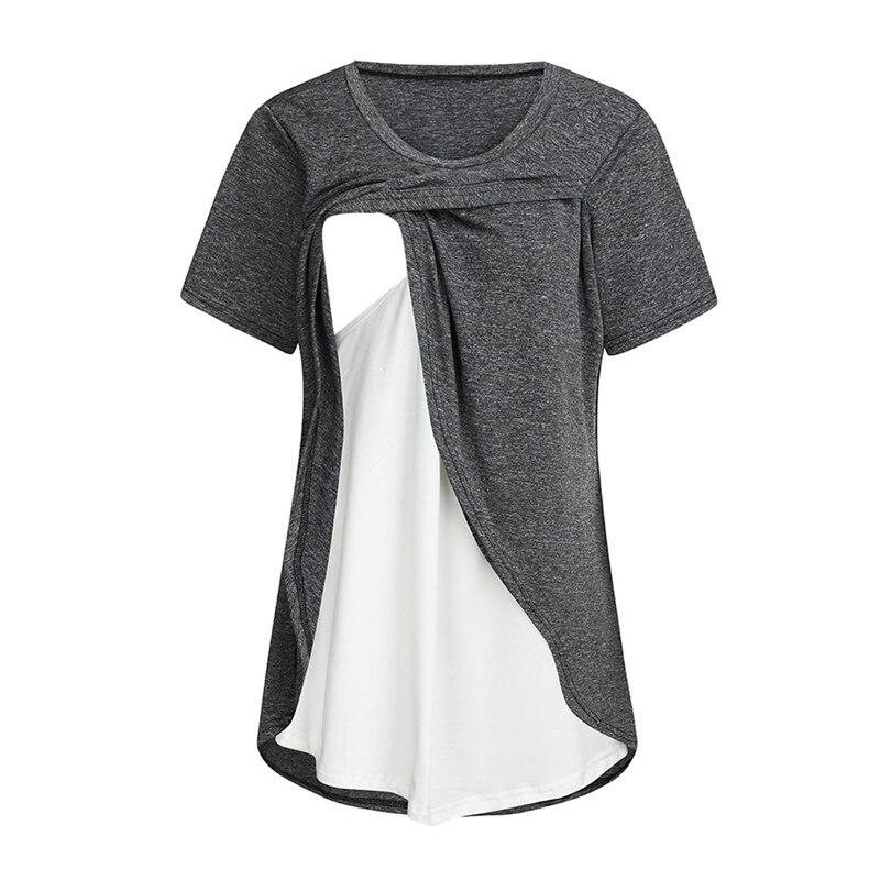 Zwangerschaps- en voedingsshirts, gestreept zomer-t-shirt met ronde hals, korte mouwen, onregelmatige tops, casual borstvoedings-t-shirt: Zwart / Ik