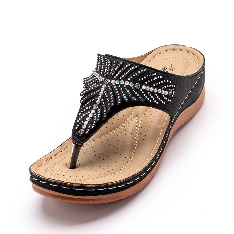 Chaussures d'été strass sandales à talons compensés string pantoufles tongs sandales de plage décontractées Sandalia ortopédica Feminina directe: Black / 6