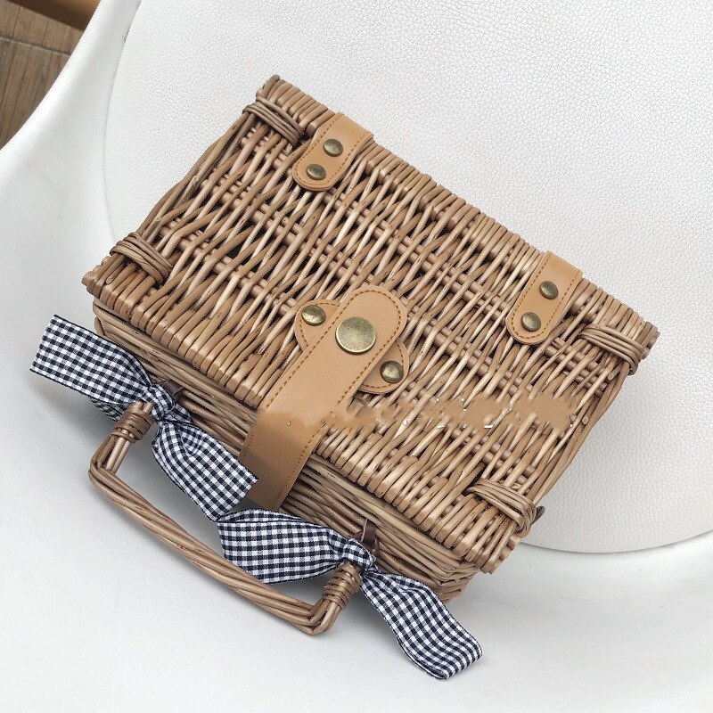 Retro Handgemaakte Rotan Hasp Tas Kleine Vierkante Doos Japanse Geweven Mini Koffer Voor Vrouw