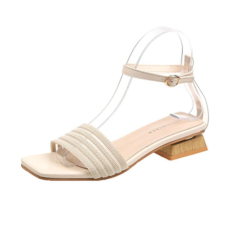 Gebreide Lage Hak Sandalen Vrouwen Hout Hak Open Teen Snoep Kleuren Zomer Stretch Stof Sandalen Dames Vierkante Teen Hakken Vrouwen: Beige / 37