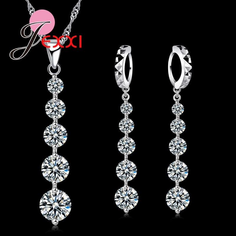 Lange Oorbellen 925 Sterling Zilver Luxe Cz Crystal Lange Tassel Ketting Oorbellen Set Vrouwen Bruiloft Sieraden Sets