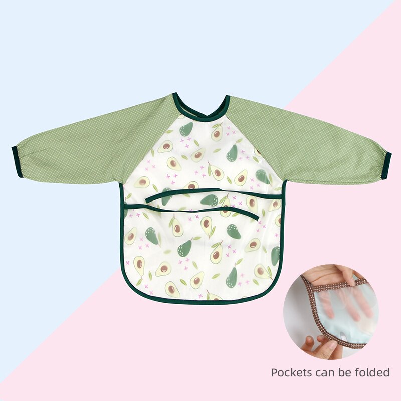 Cute Cartoon Baby Bibs Waterproof Infant Eating Bib with Pocket Children Drawing Long Sleeve Apron Kids Burp Cloth Baby Stuff: 0-2Y  avocado 6