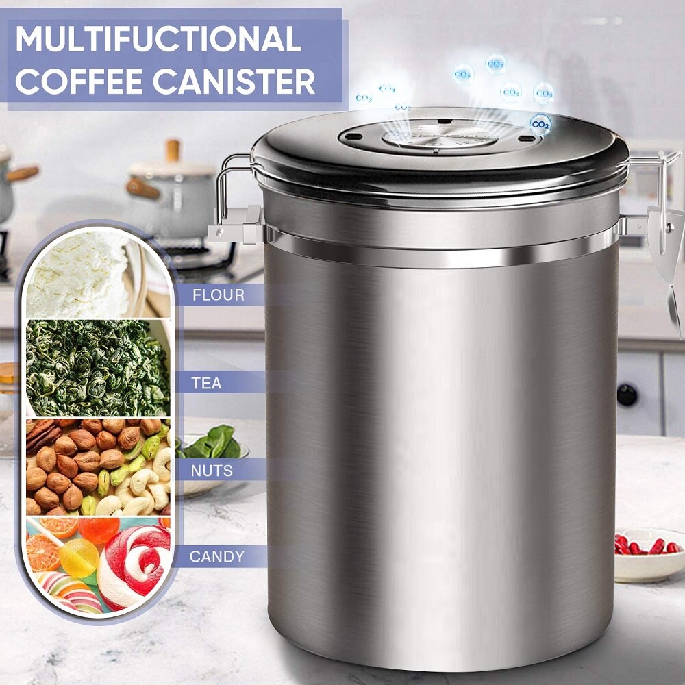 Coffee Storage Container Airtight Stainless Steel Vault Coffee Bean Canister with CO2 Valve to Keep Beans Fresh Grains Candy Jar