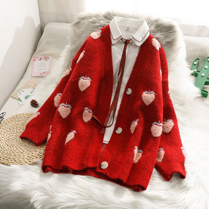 Oceanlove kawaii cardigans kvinder søde jordbær v hals efterår vinter trøjer sweet mujer chaqueta 17455
