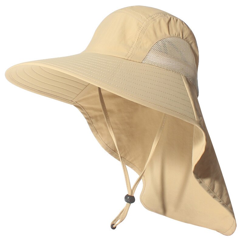 Men Wide Brim Sun Hat With Neck Flap Adjustable Chin Strap Breathable Mesh Side Accessory: Default Title