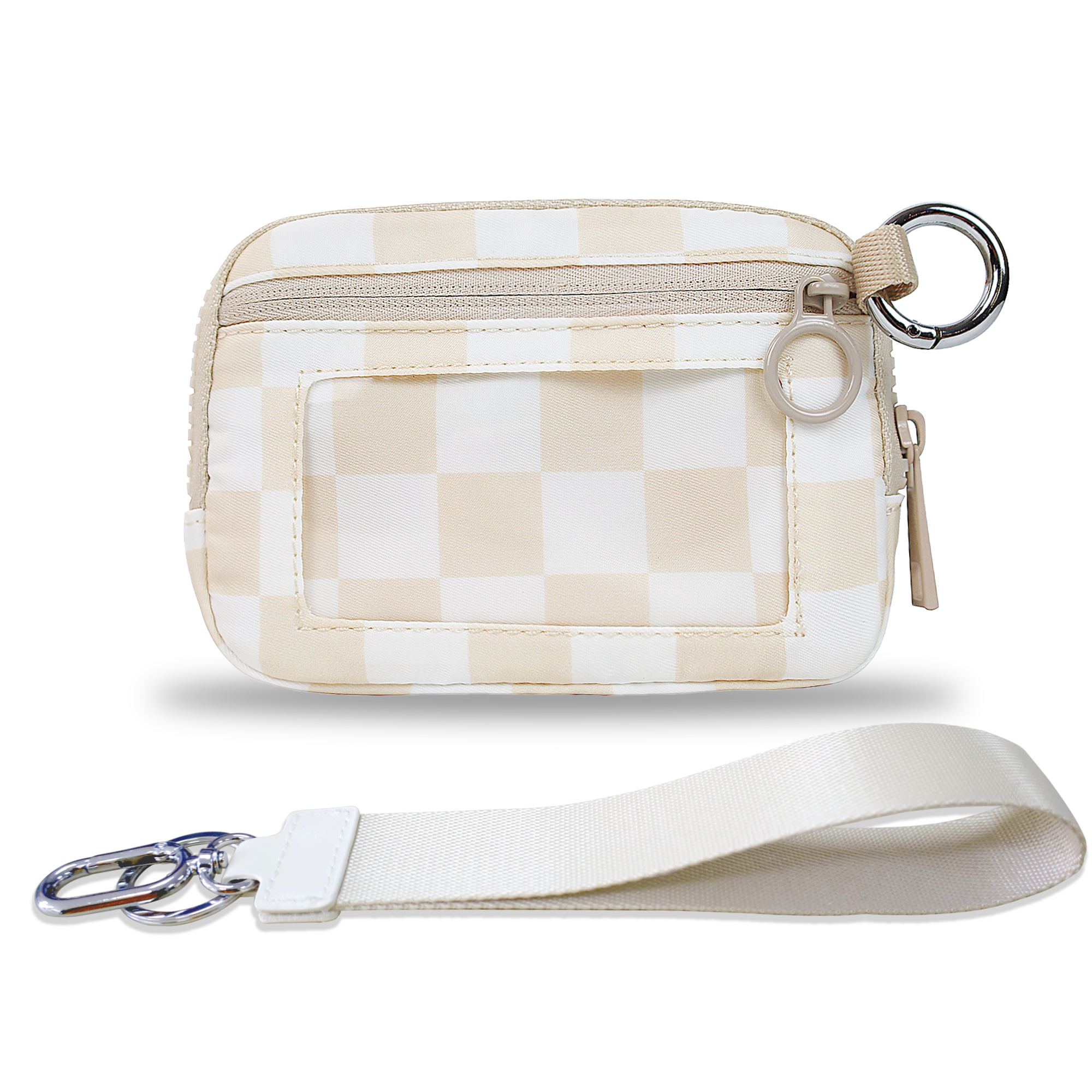 The Iris Wallet Zwart geruit kaartetui met ID-venster Portemonnees voor dames Portemonnee met ritssluiting Mini draagbare sleutelhangerportemonnee: Roze