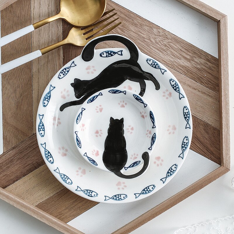 Home Fun Ceramic Ttableware Dessert Plate Dinner Plate Salad Bowl Dessert Plates Cake Plate Flavor Plate One Ear Cat Tail Series