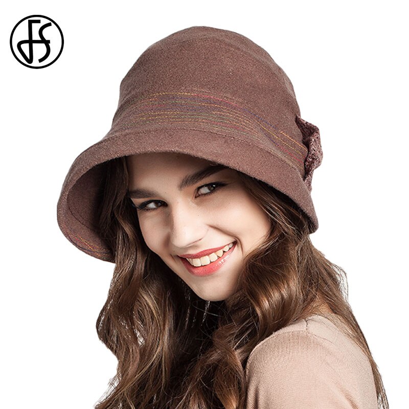 Fs rødbrun khaki kvinder efterår vinter top hat til damer uld fedora kasket med sløjfe floppy hatte foldbar: Brun