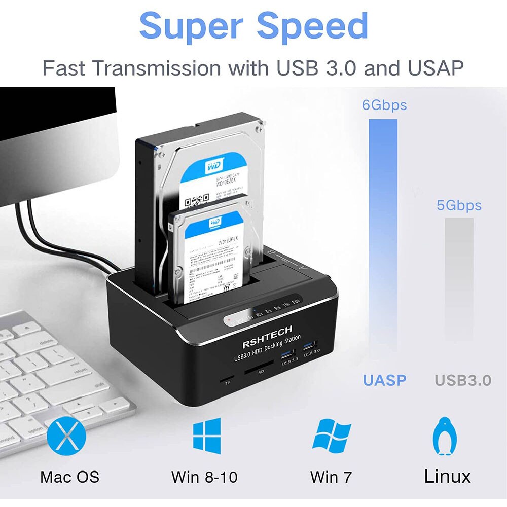Hard Drive Docking Station USB 3.0 Aluminum Dual Bay Hard Drive Dock For 2.5" 3.5" SATA HDD SSD With SD TF Card Reader Tool-Free