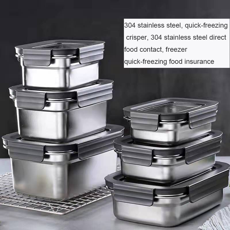 304 Stainless Steel Food Preservation Box Refrigerator Crisper Set Fruit Sealed Box Lunch Box Table Freezer Box Tableware
