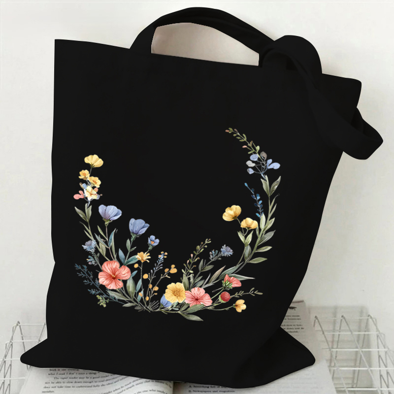 Bolso de mano de lona con estampado de flores silvestres bohemias, bolso de compras reutilizable para mujer, bolsos y bolsos, bolso de tela para compras: Castaño