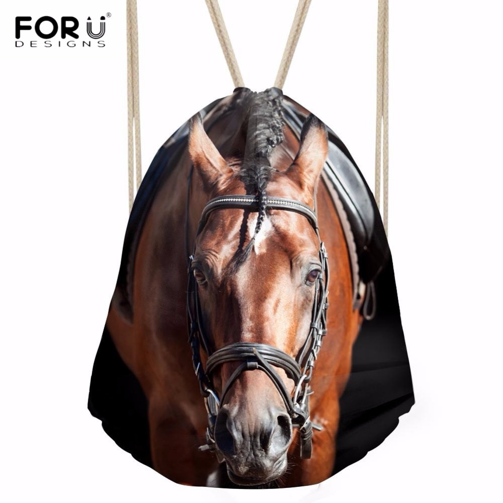 FORUDESIGNS Cool 3D Crazy Horse Print Woman Man Drawstrings Bags Beach Travel Sack Bags Casual Softback Student Backpack