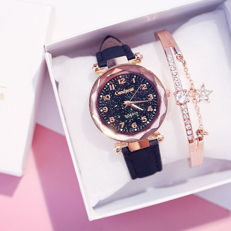 Starry Sky Bracelet Watches Casual Women Watches Bracelets set Leather Analog Quartz Wristwatches Clock relogio feminino: Black Color Bracelet