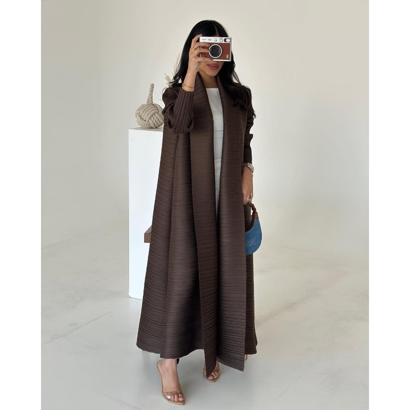 Gghk plisseret kvinders luksuriøse trenchcoat ensfarvet revers langærmet cardigan vintage løs stor størrelse arabisk abaya til kvinder: Grå