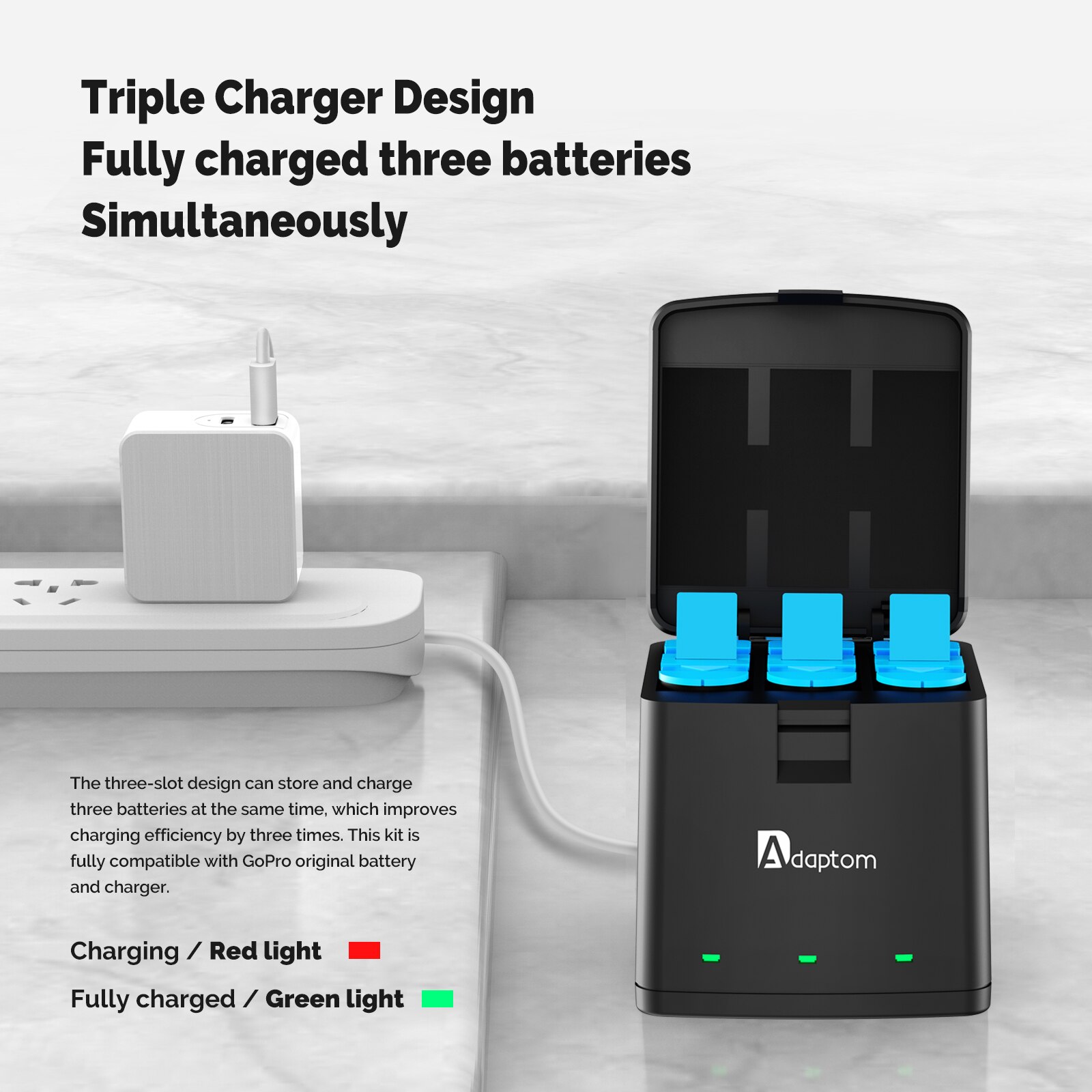 Adaptom-Batería de 1720mAh para GoPro 9, resistencia a altas temperaturas, 3 vías, cargador de luz LED para GoPro Hero 9 10, color negro