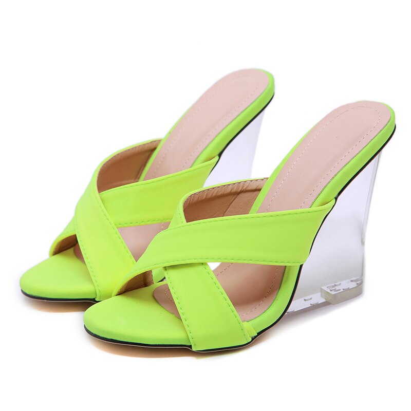 Baibeiqi Women Summer Shoes Crystal Wedge Women'S Shoes Fluorescent Ultra-Heels Mules European American: Green / 9