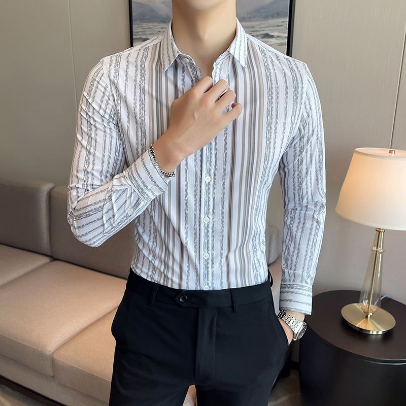 Spring Autumn Striped Printing Bottoming Shirt Men Korean Long Sleeve Vintage Business Casual Blouse Male Cardigans Top