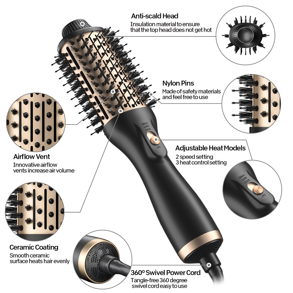 Blowout Hair Dryer Brush Black Gold Dryer and – Grandado