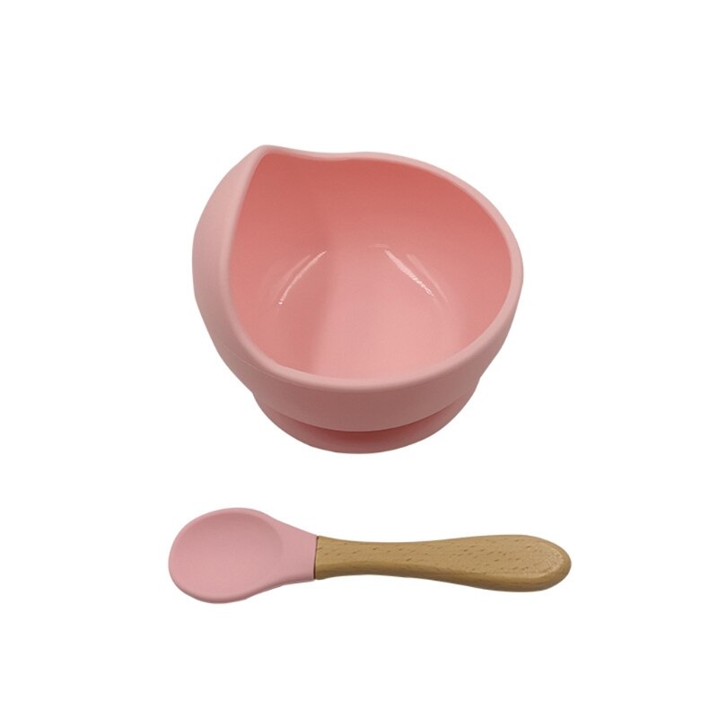2 Pcs Non-Slip Learning Feeding Tableware BPA Free Silicone Waterproof Baby Suction Cup Base Bowl Training Spoon Set: Pink