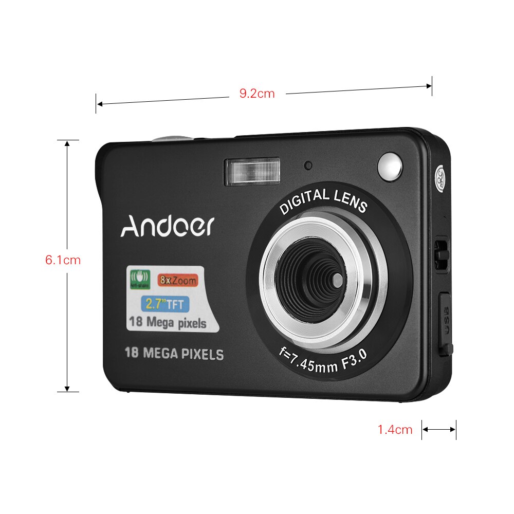 Andoer 18M HD Digital Camera 720P Video Camcorder 8X Digital Zoom Anti-shake 2.7inch LCD Video Camera with Rechargeable Battery: black / With 16GB TF Card
