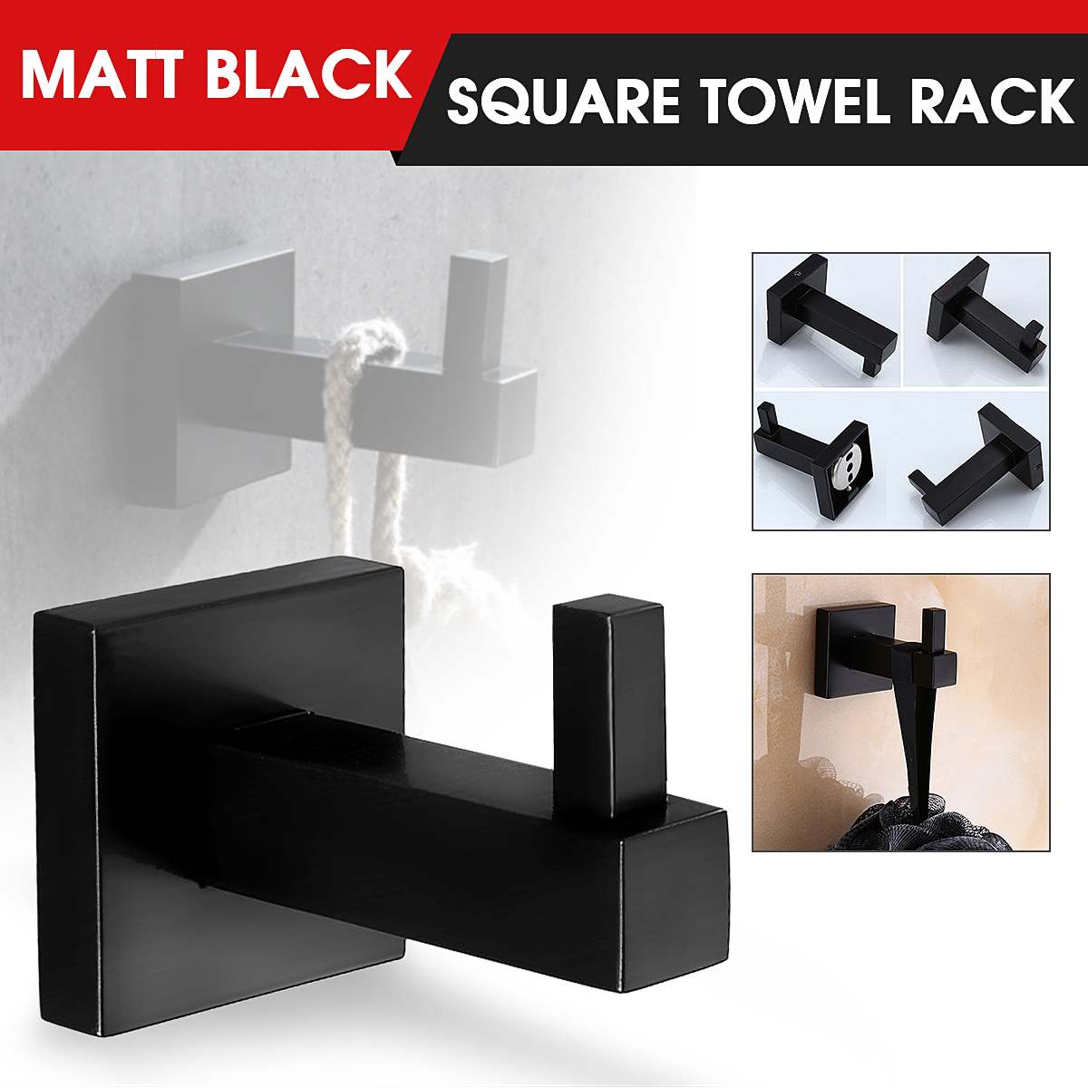 Xueqin mat sort firkantet håndklædestativ vægmonteret holder skinnevæv rulle toiletbørsteholder kappe krog badeværelse