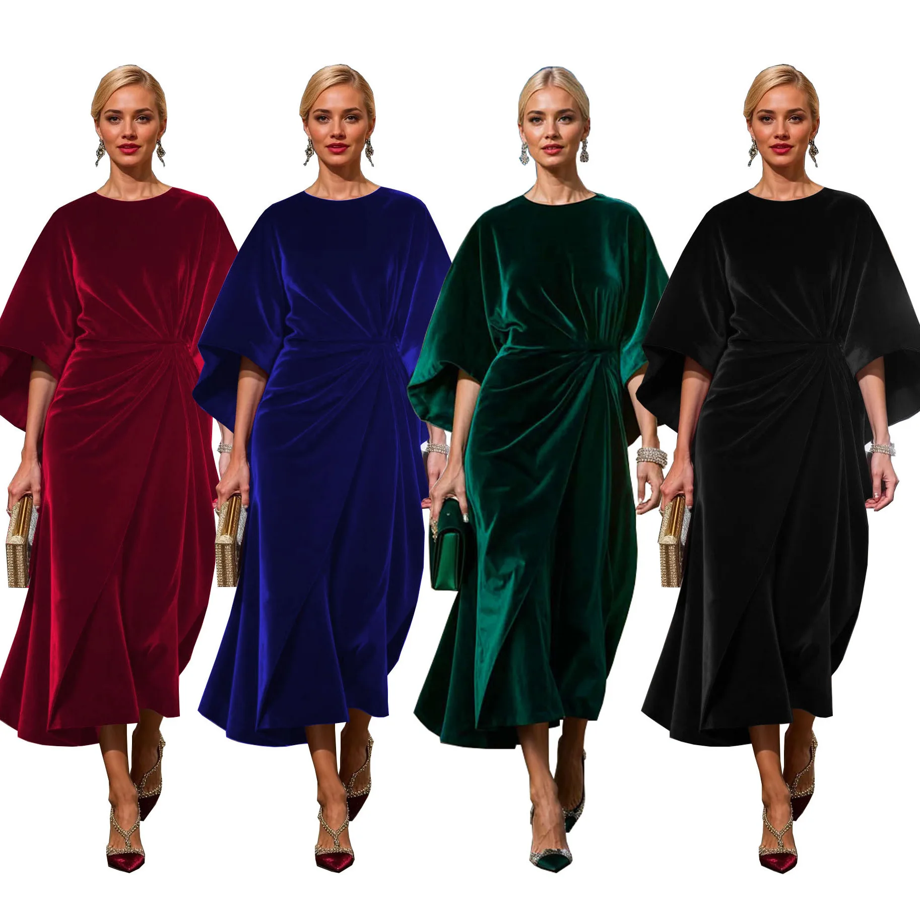 Velvet Waist-Cinching Dress with Batwing Sleeves And round Neck for Women Fashionable And Stylish Long Ankle-Length Gown