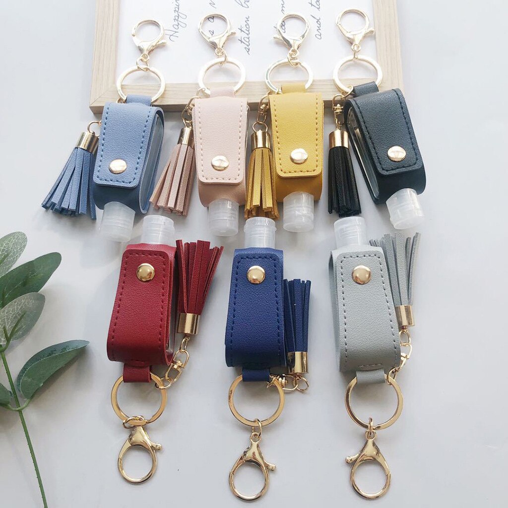 Hand Sanitizer Leder Keychain Halter Reise Flasche Nachfüllbar Container 30ml Flip Wiederverwendbare Flasche mit Quaste Keychain Träger
