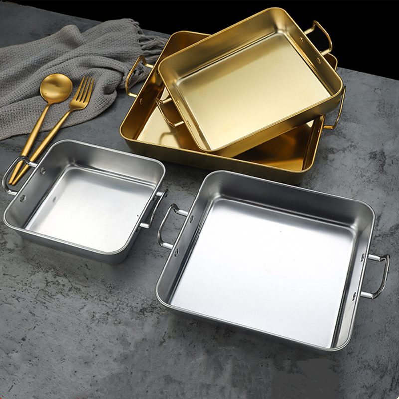 Two Ear Stainless Steel Square Food Trays Fruit Snacks Plates DIY Baking Tools Flat Fry Pan Trays for Kitchen