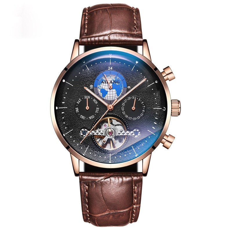 Ailang 2022 Mannen Business Tourbillon Automatische Mechanische Horloges Gradiënt Mannen Lederen Waterdichte Band 8613B: Brown Rose Blue