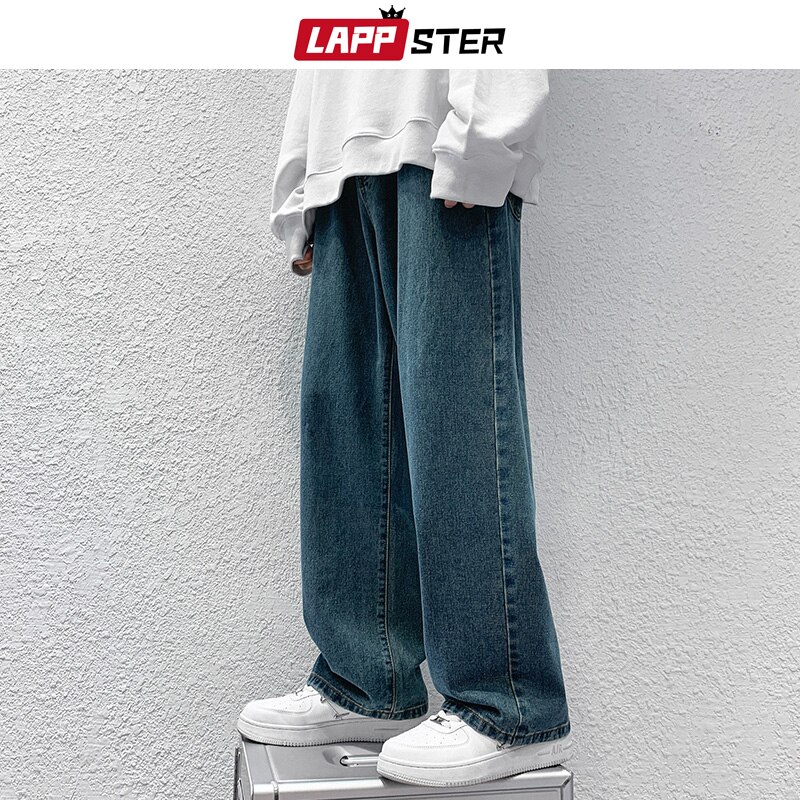 LAPPSTER-pantalones vaqueros holgados Y2k para hombre, ropa de calle de pierna ancha con gráfico de tiro bajo, coreana, 2022