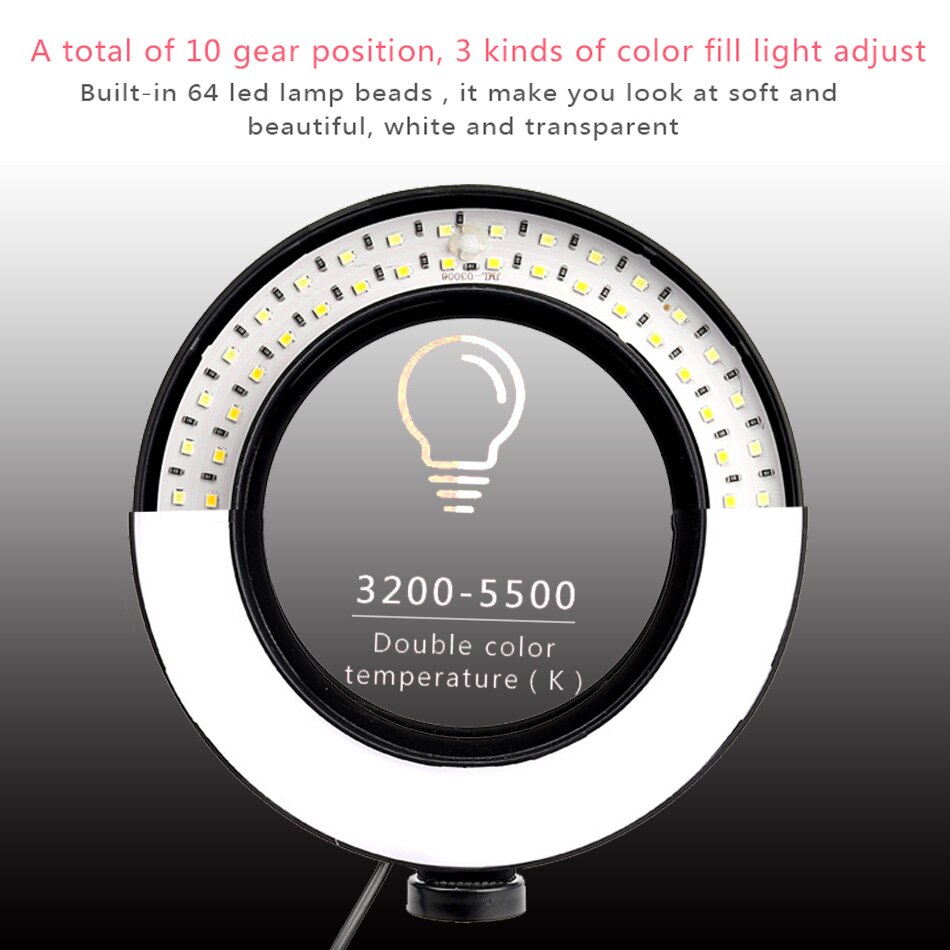 Dimmable LED Ring Light Selfie Ring Lamp Photographic Lighting with Tripod Moblie Phone Clamp Beauty fill light