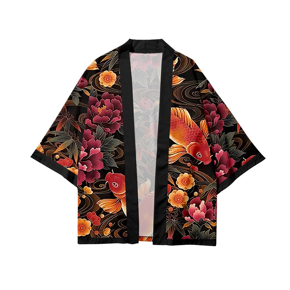 Dwuczęściowy garnitur Yukata japoński tradycyjny sweter kobiety mężczyźni Haori moda kwiat nadruk ryby Harajuku Kimono zestawy z krótkimi spodenkami