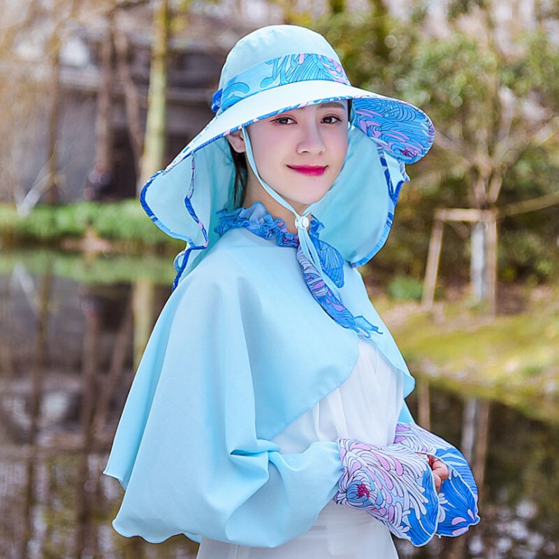 Ymsaid Chiffon Flowers Big Eaves summer hats for women Foldable Covered Face Neck Cycling Anti Uv Sun Hat: Blue Hat shawl