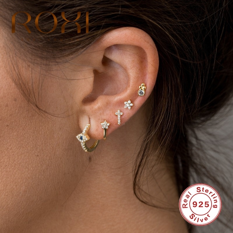 ROXI Star Semicircle Piercing Earring Black White 5A Zircon Pendientes Stud Earring for Women 925 Sterling Silver Jewelry Earing