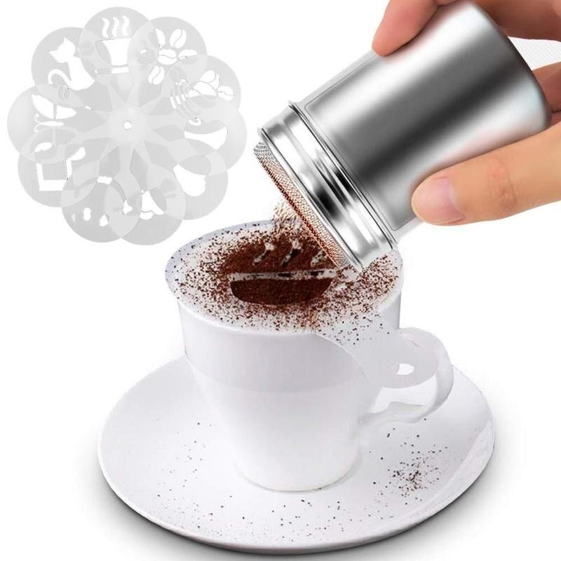 19 stuks/set koffiesjablonen, koffiedrukmal, schuimspray cake, cappuccino tekenmal, poederzeef, gereedschap, café-accessoires