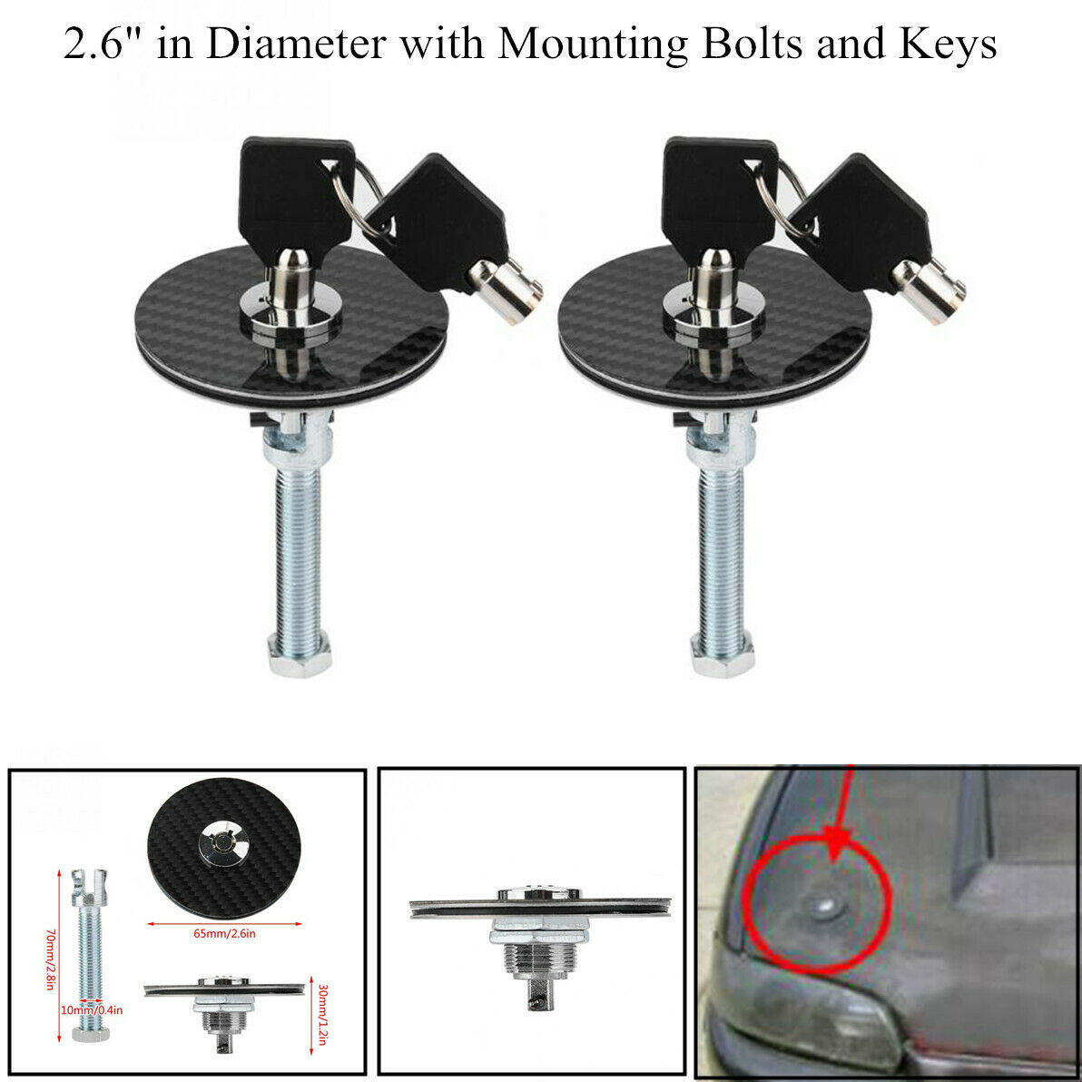 Car Black Aluminum &Carbon Fiber Racing Mount Bonnet Hood Pins Latch Key Locking High Materials