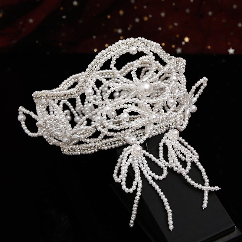 Handgemaakte Pearl Bead String Kroon Oorbel Set Bruiloft Bruid Volledige Cirkel Tiara Hoofdtooi Trouwjurk Bijpassende
