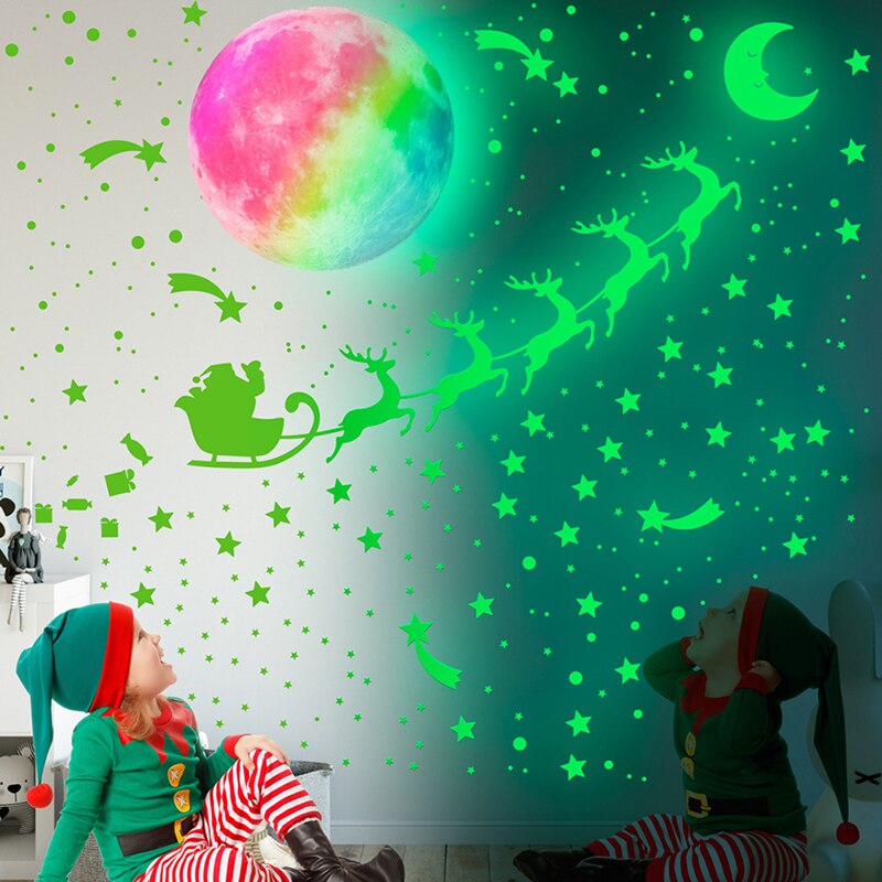 877 Pcs Glow In The Dark Stars Moon Herten Kerst Muurstickers Lichtgevende Kerst Decoraties Voor Kinderen Slaapkamer Muur Stickers