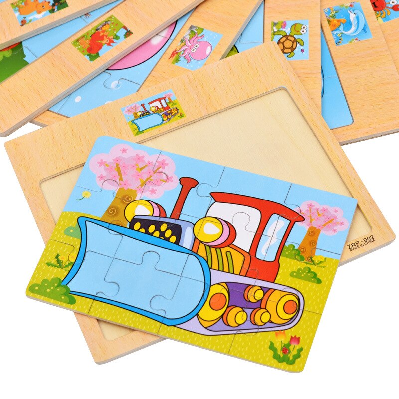 Kids Wooden Puzzles 12 Slice Cartoon Animals Traffic Jigsaw For Children Montessori Toys Educational Learning Game MG150