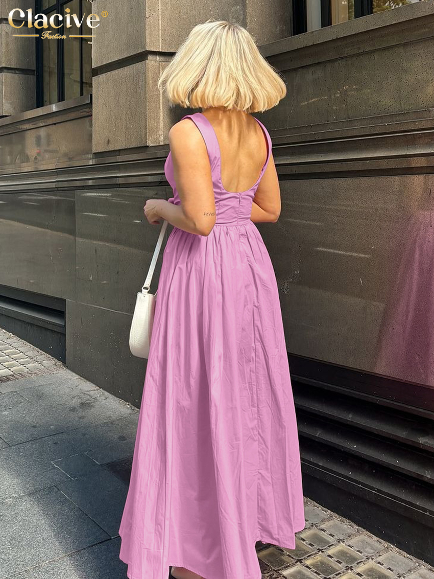 Clacive Summer Slim Pink Women's Dress O-Neck Sleeveless Ankle Length Dresses Classic Pleated Female Dress
