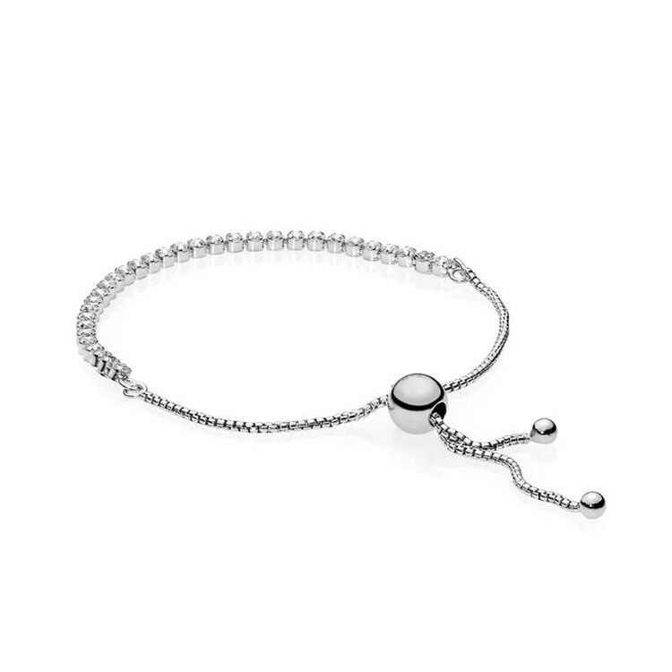 Newest S925 Sterling Silver Sliding Clasp Adjust Fit Original Pan Crystal Bracelet Women Charm Beads Jewelry Bangles