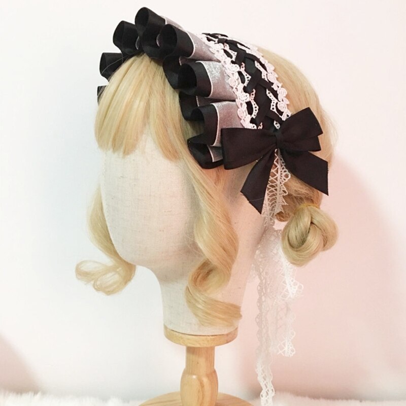Lolita – coiffe japonaise de demoiselle Cosplay, bandeau à nœud papillon croisé à volants, doux ruban de dentelle florale, accessoire de cheveux de fête