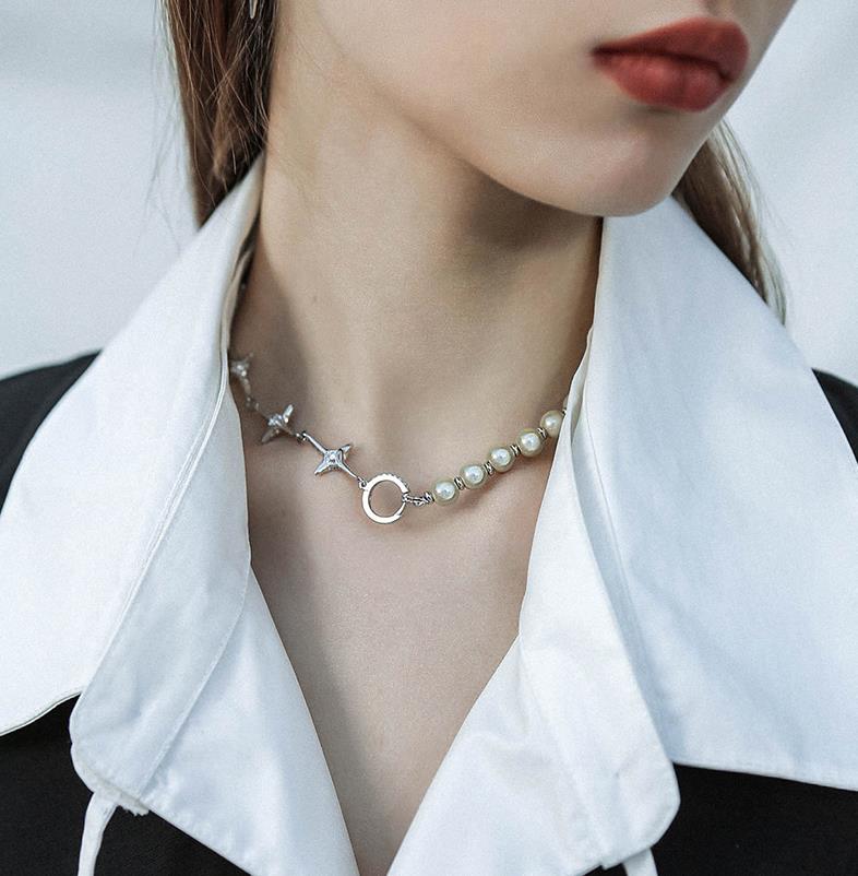 HUANZHI Punk Chain Geometric Pearl Rhinestones Cross Clavicle Chain Necklace for Women Girls Wedding Jewelry