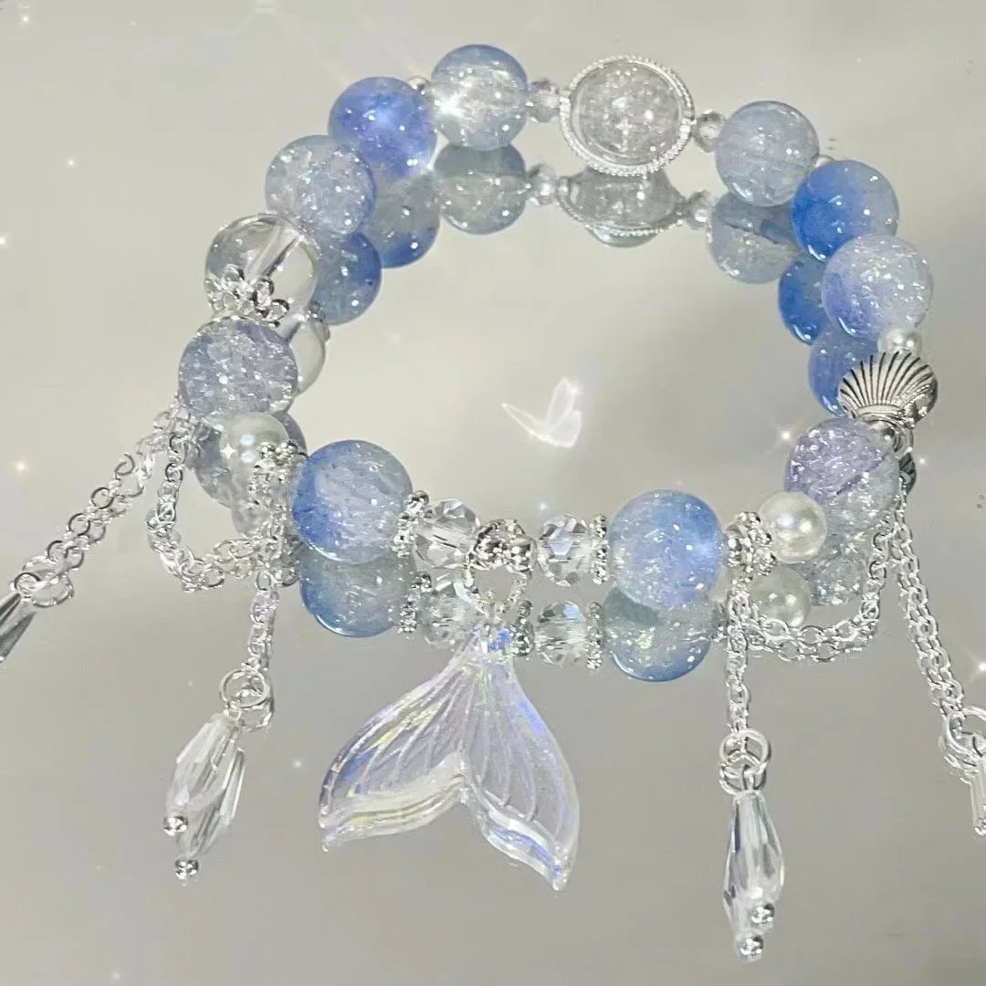 Pulsera de cuentas con colgante de mariposa y flores de cristal rosa coreano para mujer, pulseras de cadena de cuentas dulces, de joyería para novia