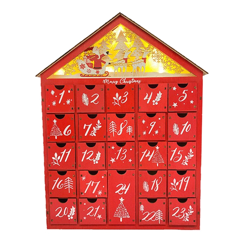 Snowy Village Christmas Red Wooden Advent Calendar House with LED Light Drawer