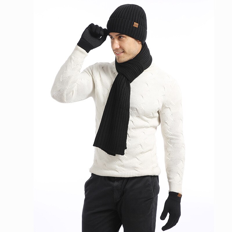 Esportes de inverno correndo quente malha cachecol gorro chapéu e luvas definir masculino macio elástico chapéu cachecol e luvas conjunto