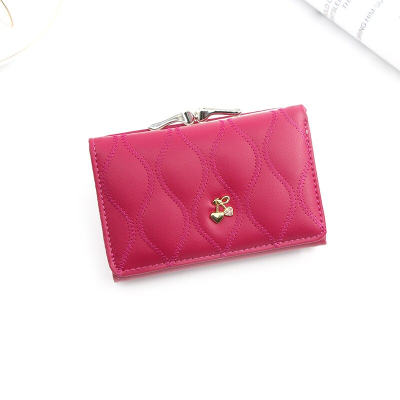 Mini Lederen Portemonnee Vrouwen Dame Korte Coin Pouch vrouwen Purse Leuke Cherry Kleine Verandering Portemonnees Coin Bag 3 fold Portemonnee: rose red