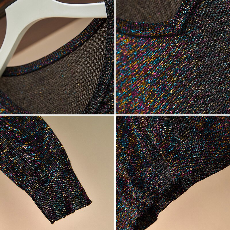 Skinnende lurex efterår vinter oversize sweater kvinder langærmet pullover v-hals basic sweater løs glitter strik dame