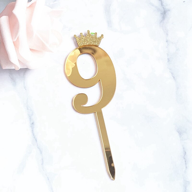 0-9 Numbers Cake Toppers Happy Birthday Cute Crown Number Cake Flag Acrylic Cupcake Topper Birthday Party Cake Decoration Topper