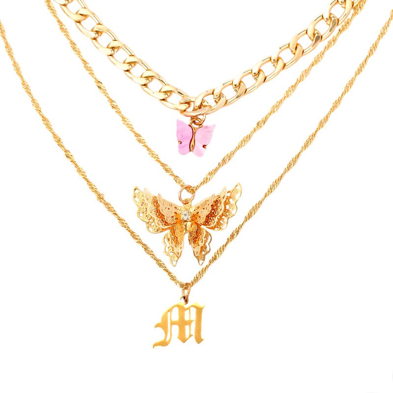 Flatfoosie 3Pcs/Set Gold Color Butterfly Choker Necklace for Women Multilayer Letter Pendant Necklace Jewelry Party: Default Title